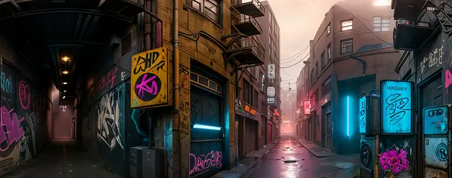 High-Tech Cyberpunk Alley: an 8192 × 4096 equirectangular 360° panorama from the sci-fi packs